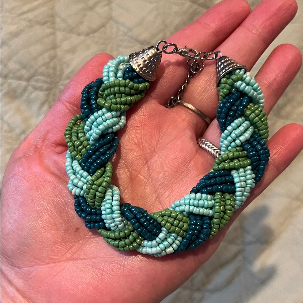 Beaded Braided Bracelet in Teal, Light Blue and Olive